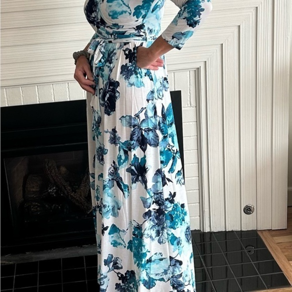 Emerald Teal and White Floral Maxi Dress